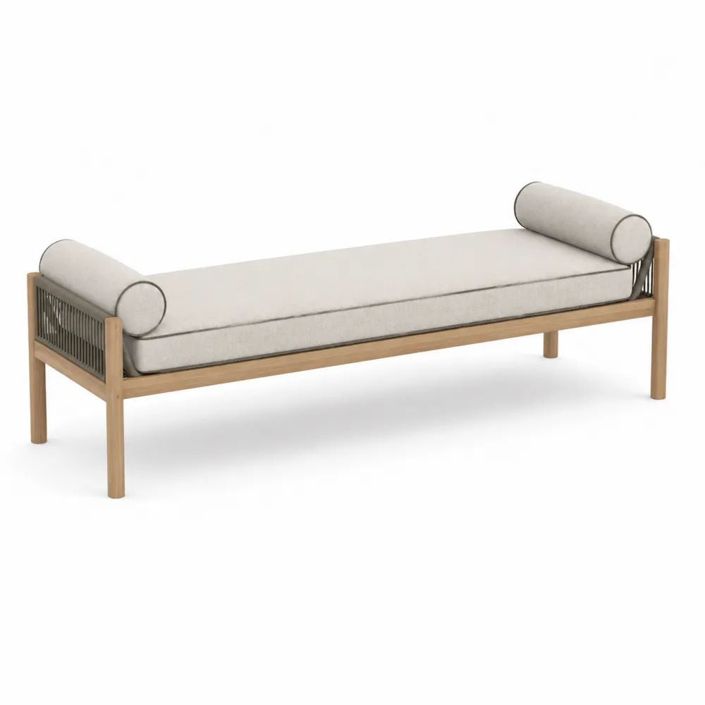 Banquette de jardin rectangulaire 3 places en acacia massif et corde en polypropylène avec coussins beiges, 200 × 75 × 68 cm