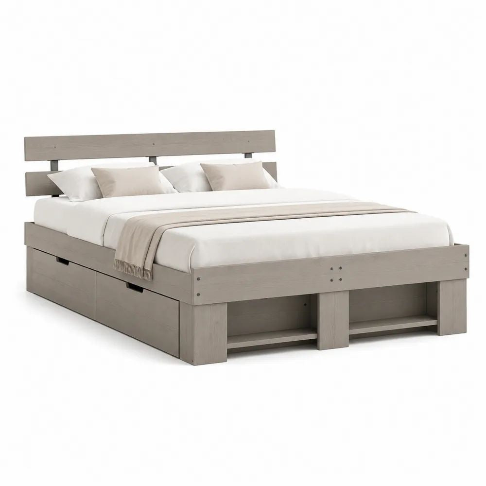 Lit double en pin massif gris taupe 160 x 200 cm avec tête de lit, 2 tiroirs et 2 niches, 218 x 169 x 101 cm