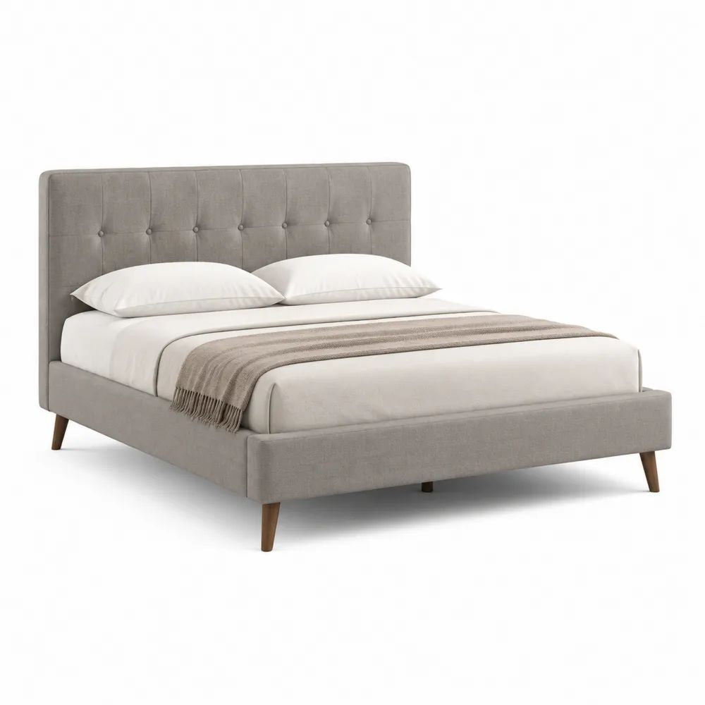 Lit double 160 x 200 cm en tissu gris clair avec tête de lit capitonnée, 170 x 215 x 110 cm