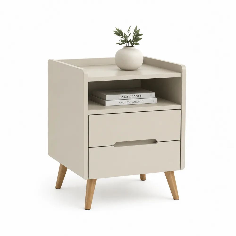 Table de chevet rectangulaire à 2 tiroirs en MDF et bois massif, beige et marron clair, 40 x 35 x 60 cm