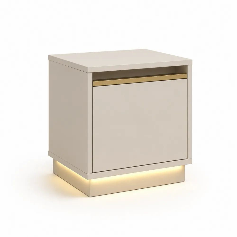 Table de chevet LED à 1 porte en MDF beige et doré, 45 × 40 × 50 cm