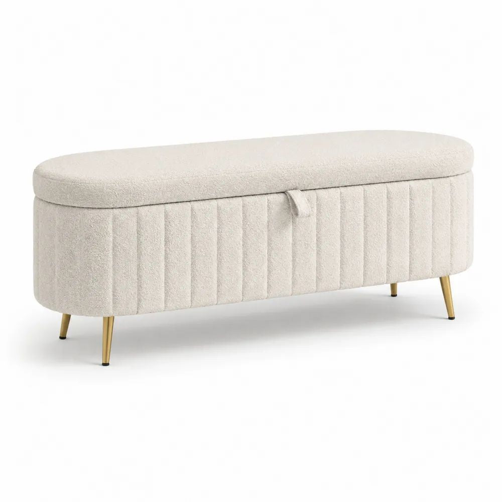 Banc coffre de rangement en tissu bouclé crème et métal doré, 110 × 40 × 45 cm