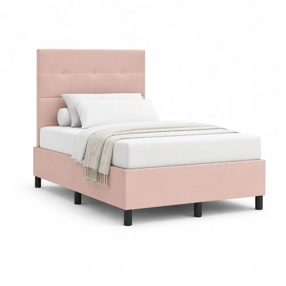 Lit simple rembourré en polyester rose poudré avec tête de lit capitonnée, couchage 90 × 190 cm, dimensions 99 × 203 × 110 cm