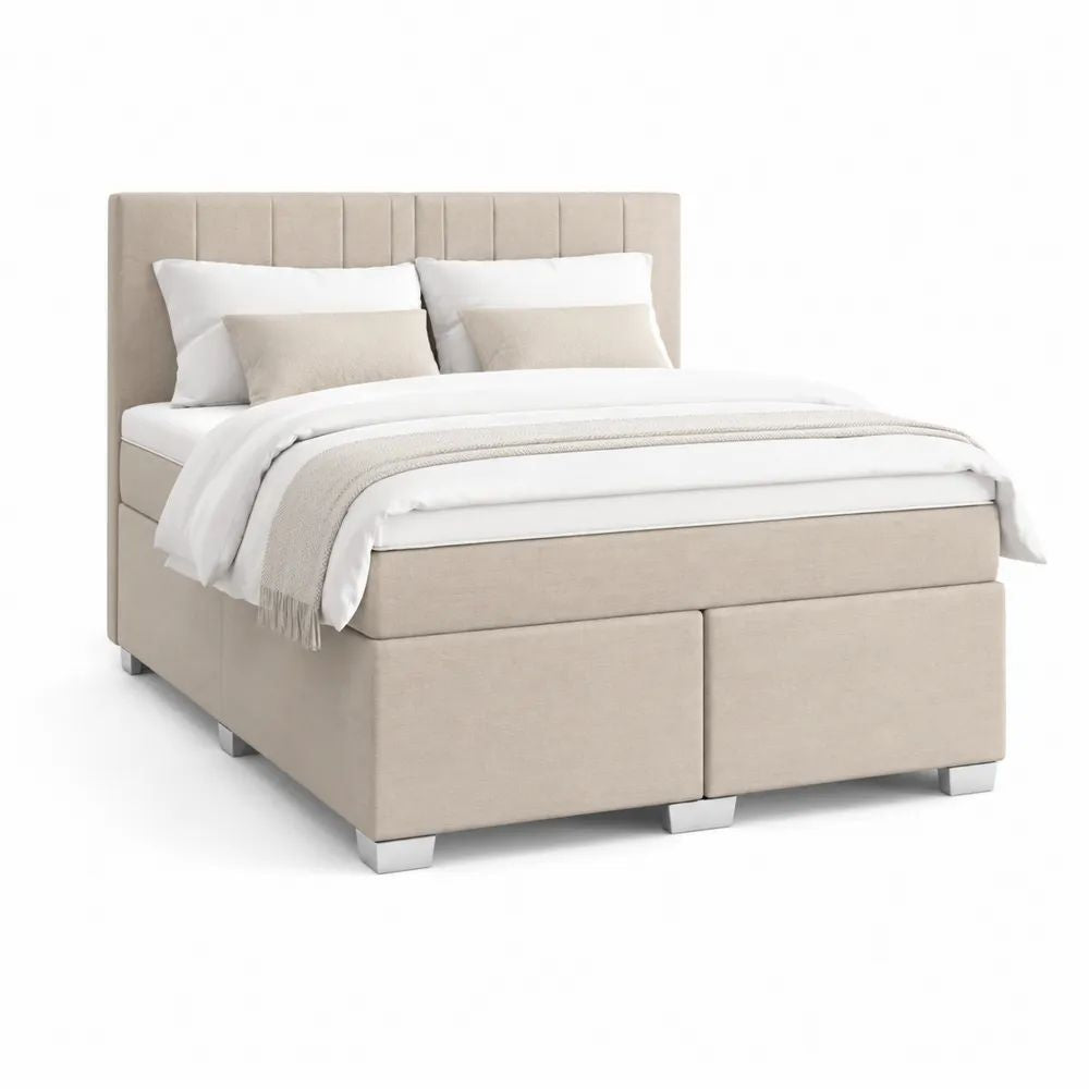 Lit boxspring double en tissu beige, 170 x 210 x 120 cm, couchage 160 x 200 cm, tête de lit rembourrée