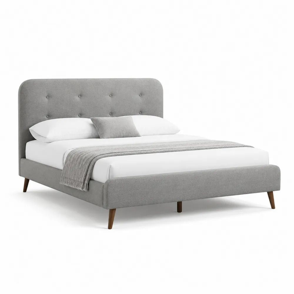 Lit double rembourré 160 × 200 cm en tissu gris clair avec tête de lit capitonnée, sommier à lattes et pieds en bois marron