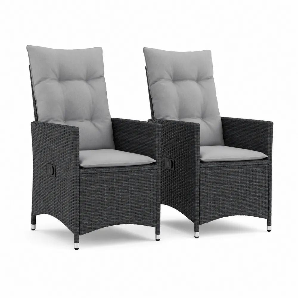 Lot de 2 fauteuils de jardin inclinables en résine tressée noire avec coussins gris clair, 58 × 62 × 108 cm