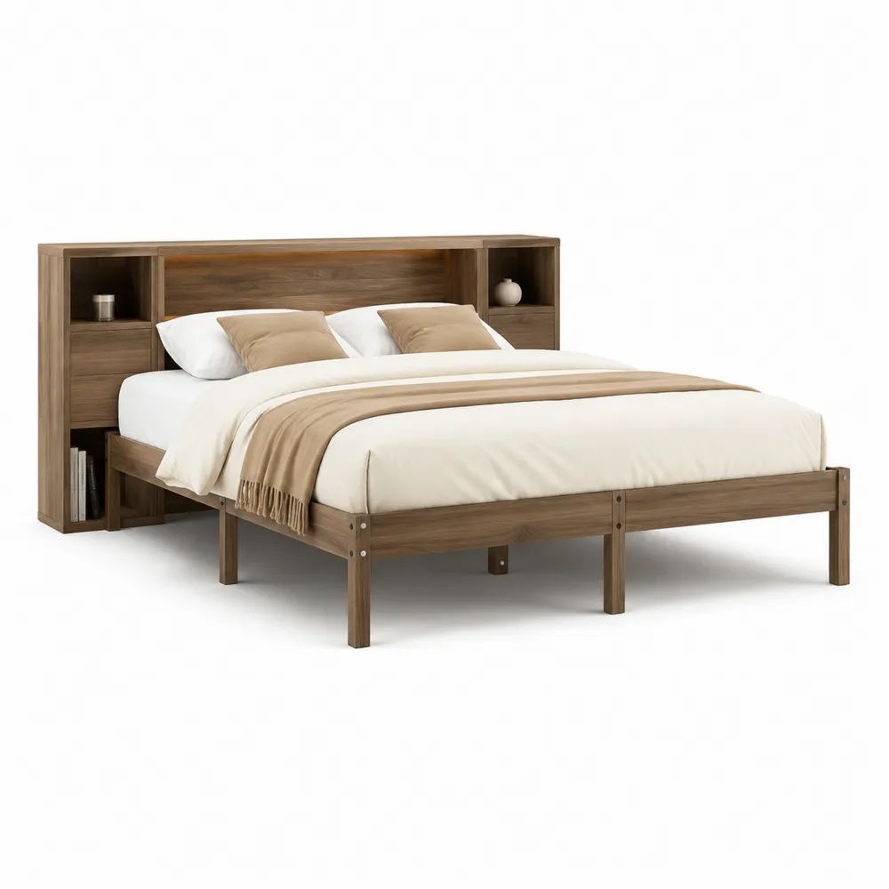 Lit double 160 × 200 cm brun noyer avec sommier à lattes et tête de lit bibliothèque, bois massif et panneaux plaqués, dimensions totales 215 × 240 × 110 cm