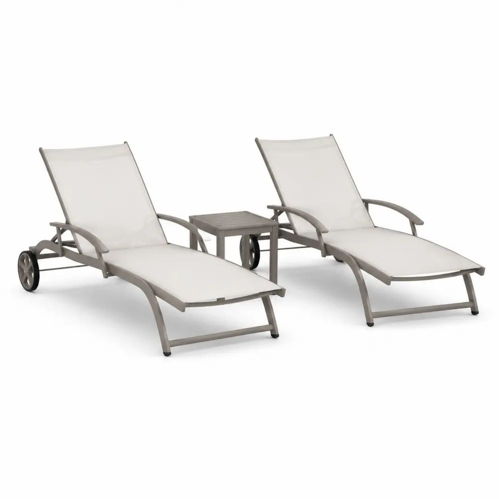 Lot extérieur de 2 bains de soleil réglables à roulettes avec table, aluminium et textilène beige clair/taupe, 194 × 60 × 86 cm et 40 × 40 × 40 cm