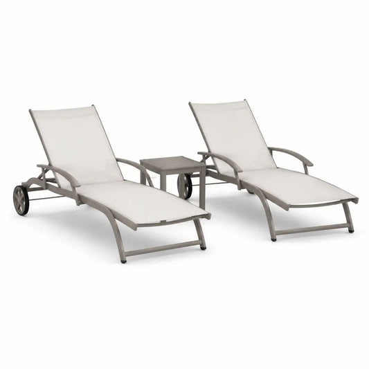 Lot extérieur de 2 bains de soleil réglables à roulettes avec table, aluminium et textilène beige clair/taupe, 194 × 60 × 86 cm et 40 × 40 × 40 cm