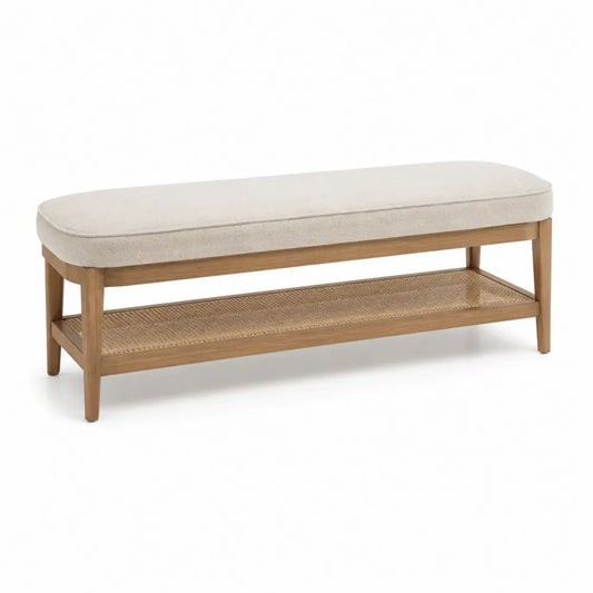 Banc rectangulaire beige en tissu et bois avec étagère en cannage, 120 × 40 × 48 cm