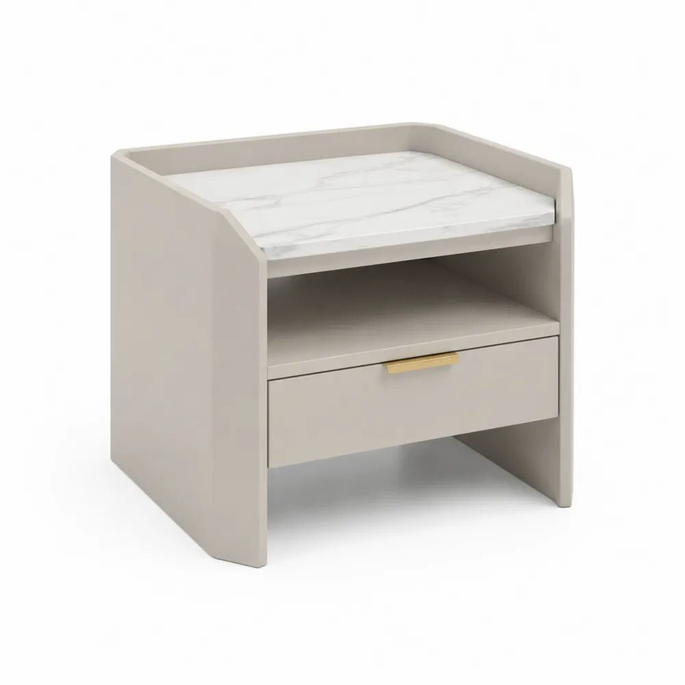 Table de chevet rectangulaire en MDF avec tiroir, niche et plateau effet marbre, grège/blanc marbré/doré, 50 × 40 × 55 cm