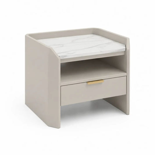 Table de chevet rectangulaire en MDF avec tiroir, niche et plateau effet marbre, grège/blanc marbré/doré, 50 × 40 × 55 cm