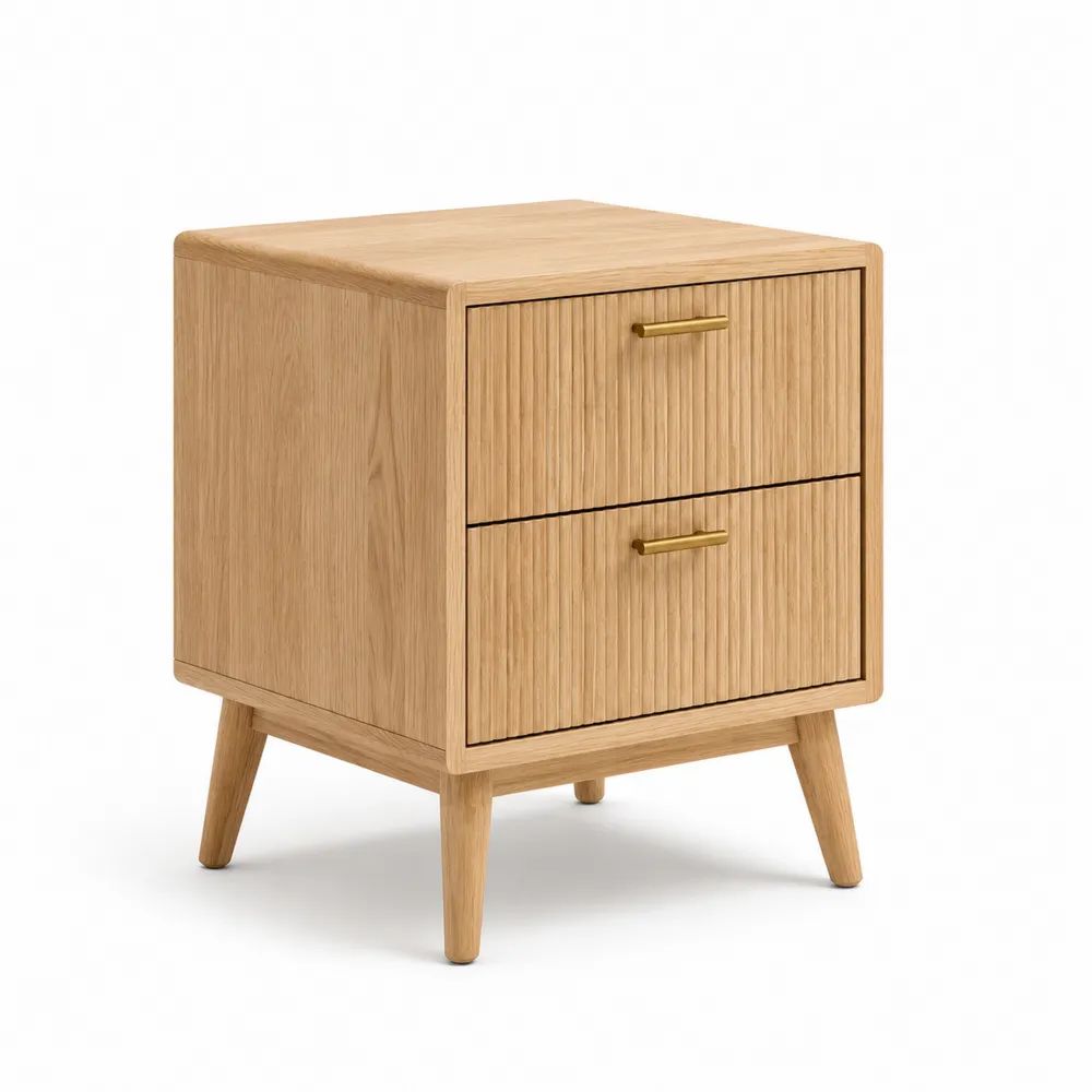 Table de chevet rectangulaire en bois à 2 tiroirs, chêne naturel et laiton, 50 × 40 × 60 cm