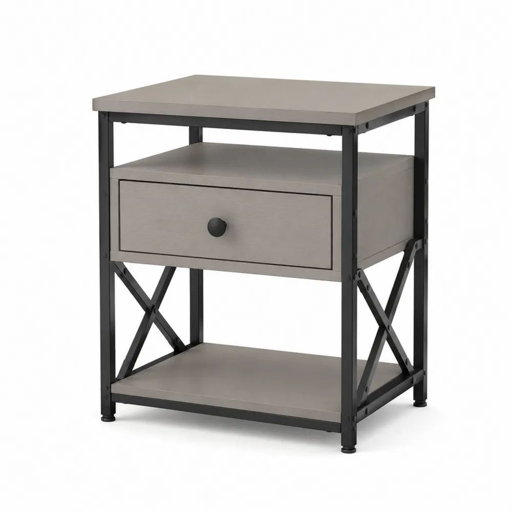 Table de chevet rectangulaire avec tiroir et 2 étagères, cadre en acier et MDF, gris taupe et noir, 45 × 40 × 60 cm