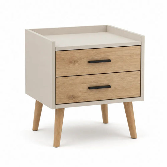 Table de chevet à 2 tiroirs en panneaux de particules mélaminés et bois massif, blanc cassé, chêne clair et noir, 50 × 40 × 60 cm