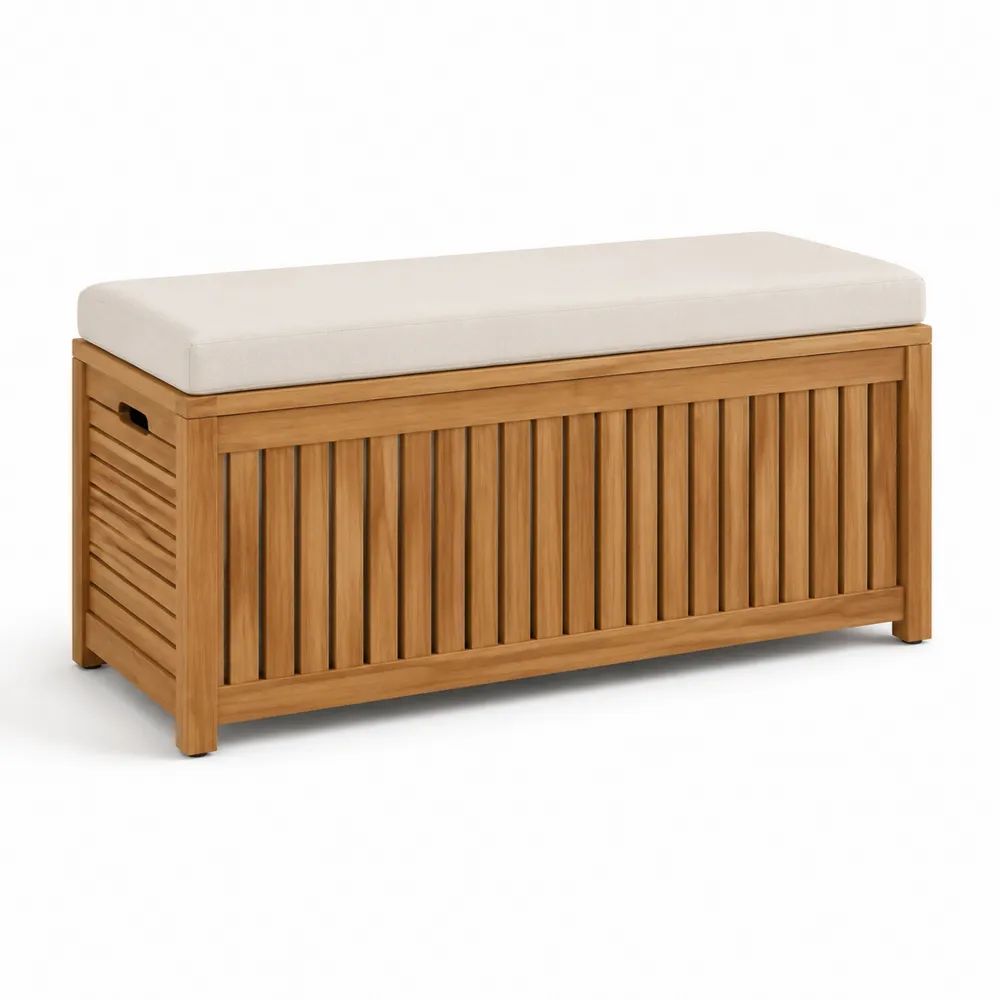 Banc coffre de rangement extérieur 2 places en bois avec coussin écru, 120 × 50 × 50 cm