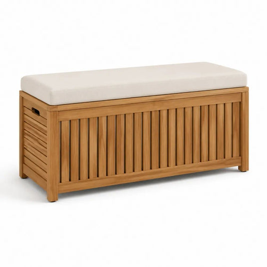 Banc coffre de rangement extérieur 2 places en bois avec coussin écru, 120 × 50 × 50 cm