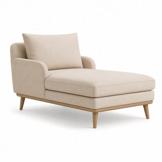 Méridienne 1 place avec accoudoirs en polyester et hévéa massif, beige et bois naturel, 160 x 90 x 85 cm