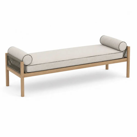 Banquette de jardin rectangulaire 3 places en acacia massif et corde en polypropylène avec coussins beiges, 200 × 75 × 68 cm