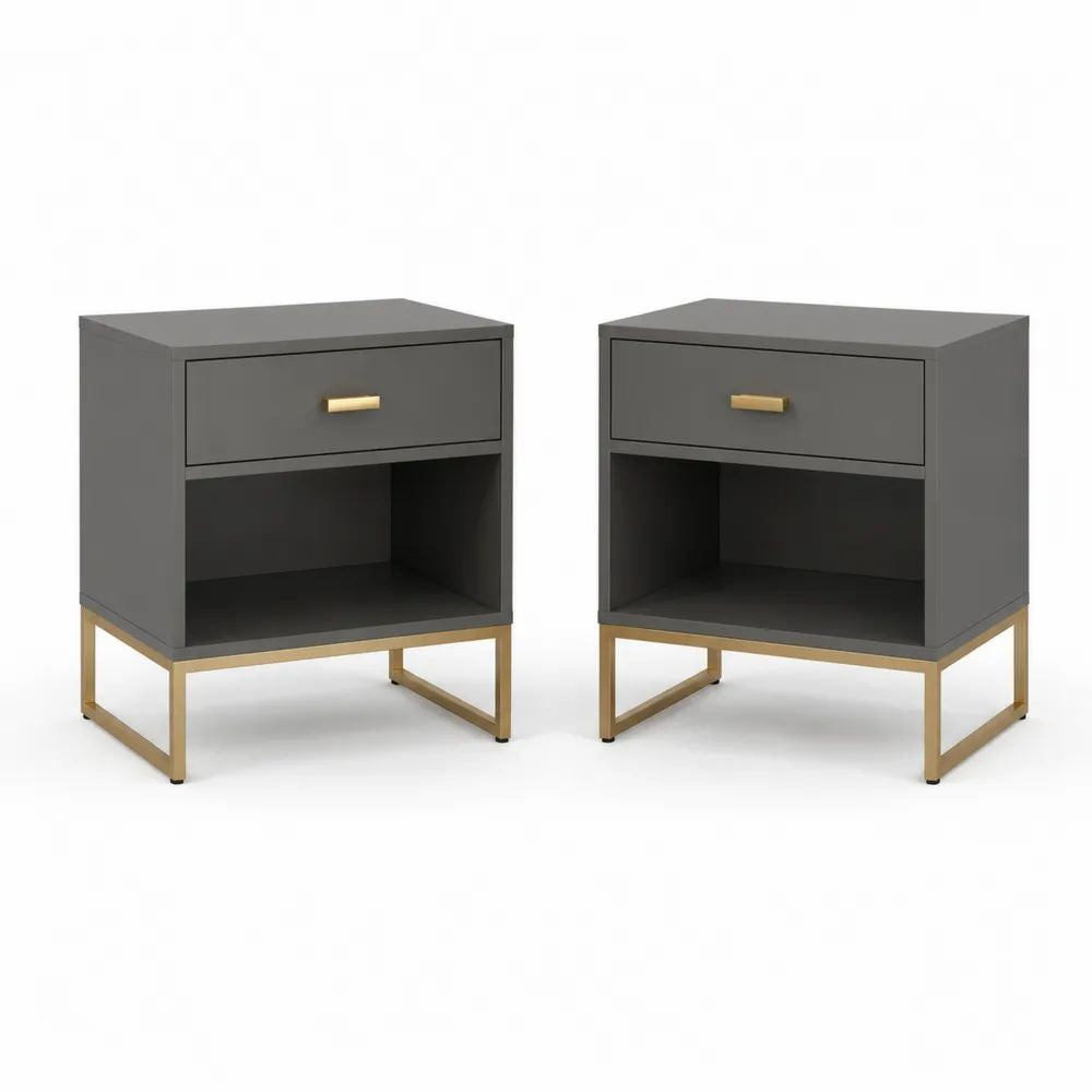 Lot de 2 tables de chevet en MDF et métal avec tiroir et niche, gris anthracite et doré, 40 × 35 × 55 cm