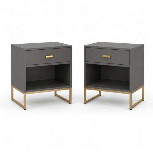 Lot de 2 tables de chevet en MDF et métal avec tiroir et niche, gris anthracite et doré, 40 × 35 × 55 cm