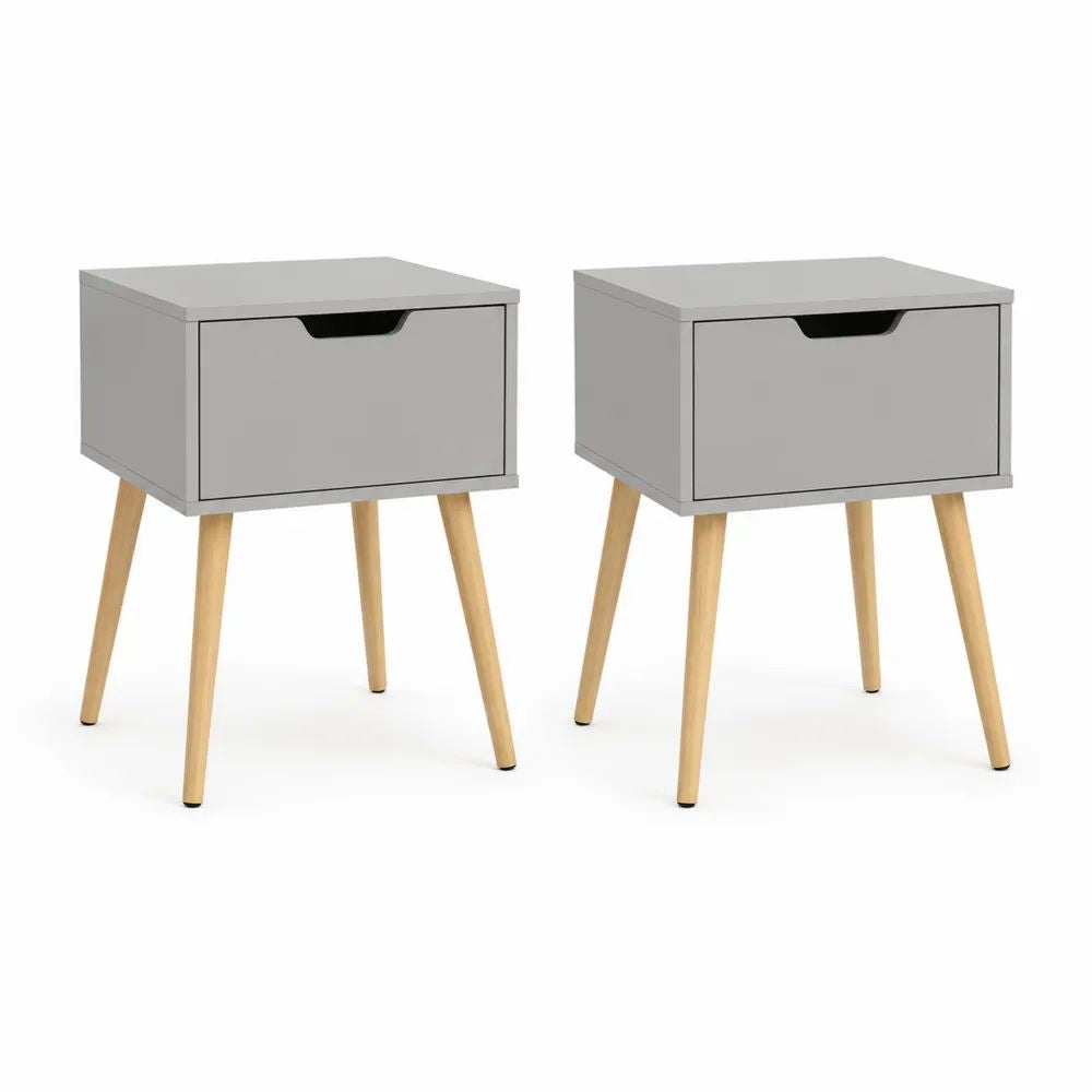 Lot de 2 tables de chevet rectangulaires en bois avec tiroir, gris, bois naturel et noir, 40 × 35 × 55 cm