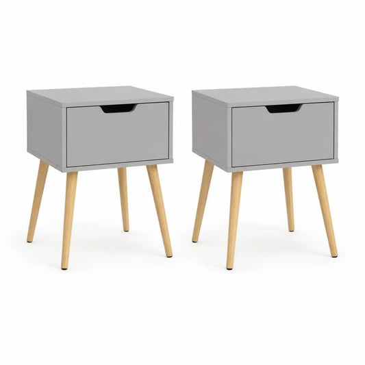Lot de 2 tables de chevet rectangulaires en bois avec tiroir, gris, bois naturel et noir, 40 × 35 × 55 cm