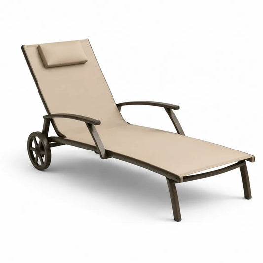 Bain de soleil d’extérieur réglable à roulettes en aluminium et textilène beige et brun, 194 × 68 × 102 cm