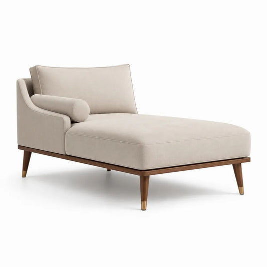 Méridienne 1 place en velours polyester, bois massif et métal, accoudoir gauche, beige clair, brun noyer et laiton, 170 × 90 × 85 cm