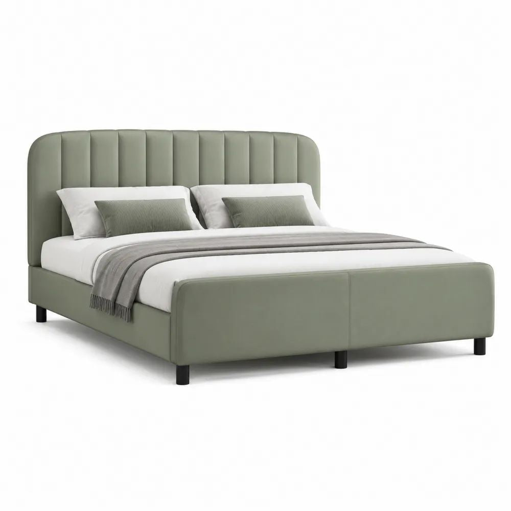 Cadre de lit double rembourré en tissu vert sauge 160 × 200 cm avec tête de lit à panneaux verticaux