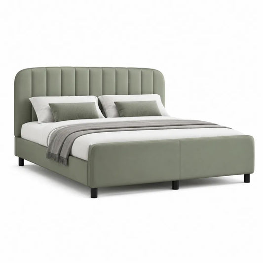 Cadre de lit double rembourré en tissu vert sauge 160 × 200 cm avec tête de lit à panneaux verticaux