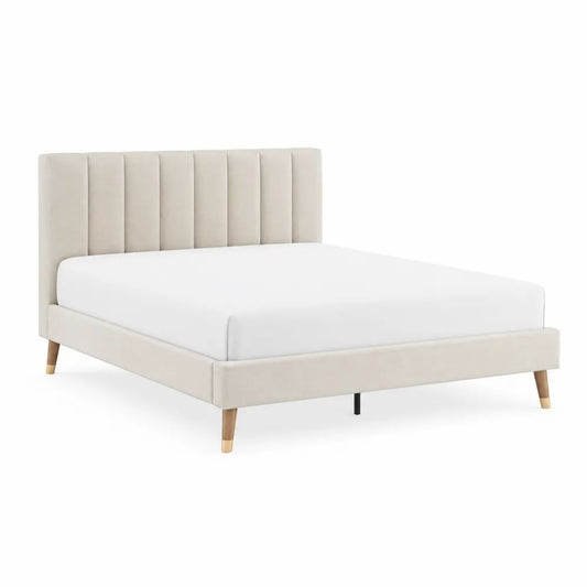 Lit double rembourré en tissu beige 160 × 200 cm avec tête de lit à panneaux verticaux
