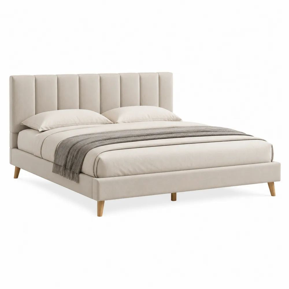 Lit double rembourré en polyester beige avec tête de lit à panneaux verticaux et pieds brun clair, couchage 160 x 200 cm, dimensions 218 x 172 x 115 cm