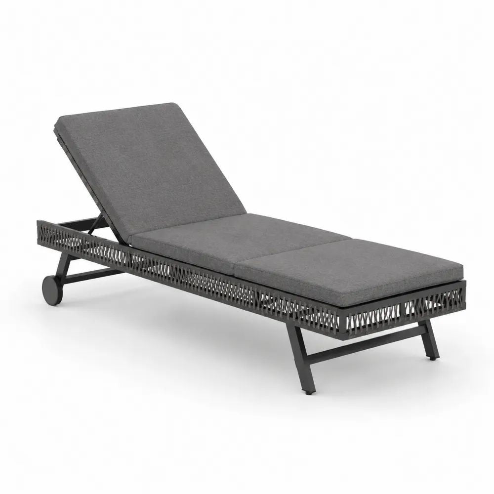 Bain de soleil extérieur réglable en aluminium et corde tressée anthracite avec coussin gris, 200 × 70 × 35-92 cm