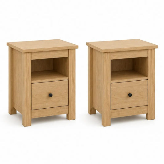 Lot de 2 tables de chevet en bois avec tiroir et niche, chêne clair et noir, 40 × 35 × 55 cm
