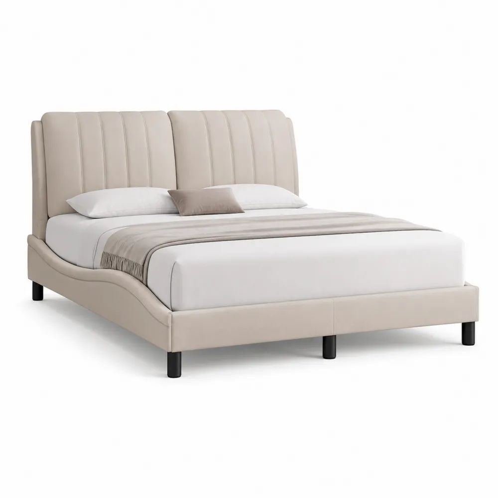 Lit double en tissu beige avec tête de lit rembourrée, couchage 160 × 200 cm, dimensions 218 × 174 × 112 cm