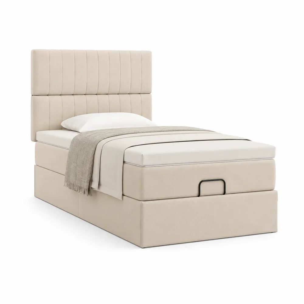 Lit coffre 1 place 90 x 190 cm beige en tissu avec sommier relevable et tête de lit rembourrée