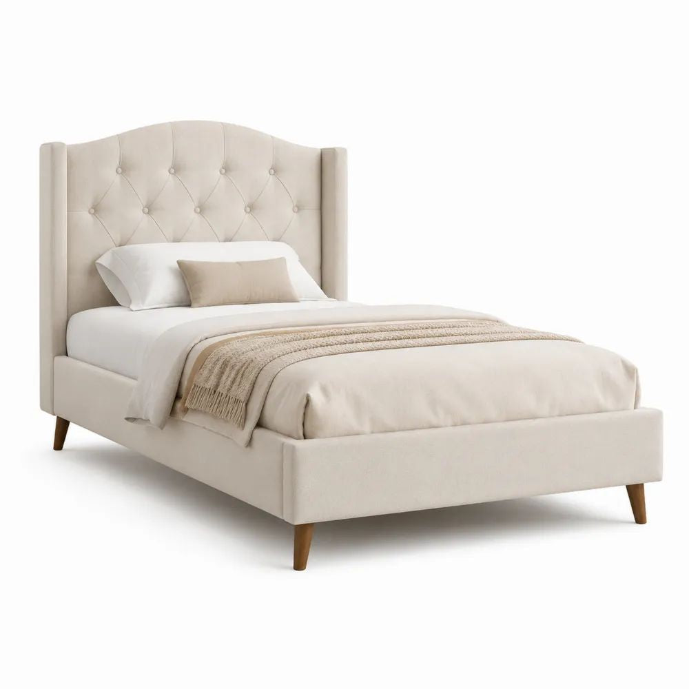 Lit double rembourré beige 160 x 200 cm avec tête de lit capitonnée et sommier à lattes
