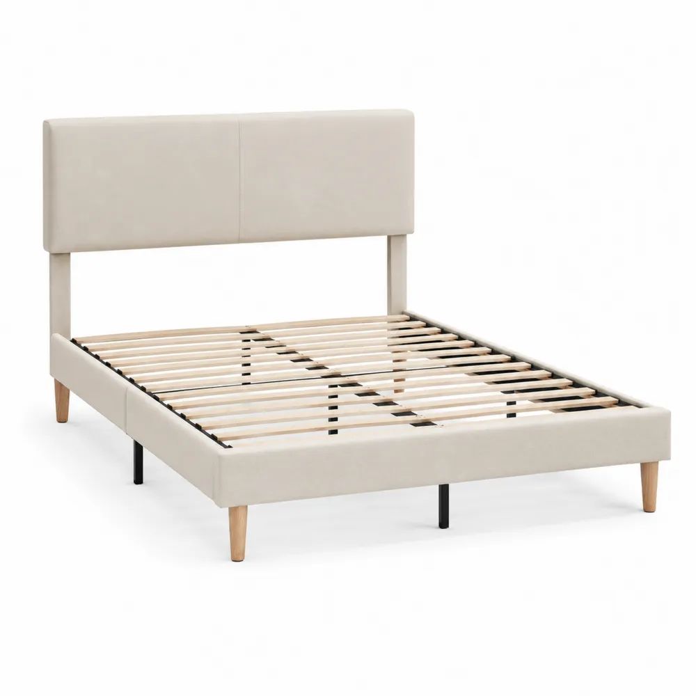Lit double rembourré en tissu beige 160 x 200 cm avec tête de lit et sommier à lattes