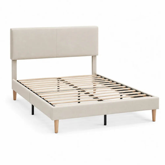 Lit double rembourré en tissu beige 160 x 200 cm avec tête de lit et sommier à lattes