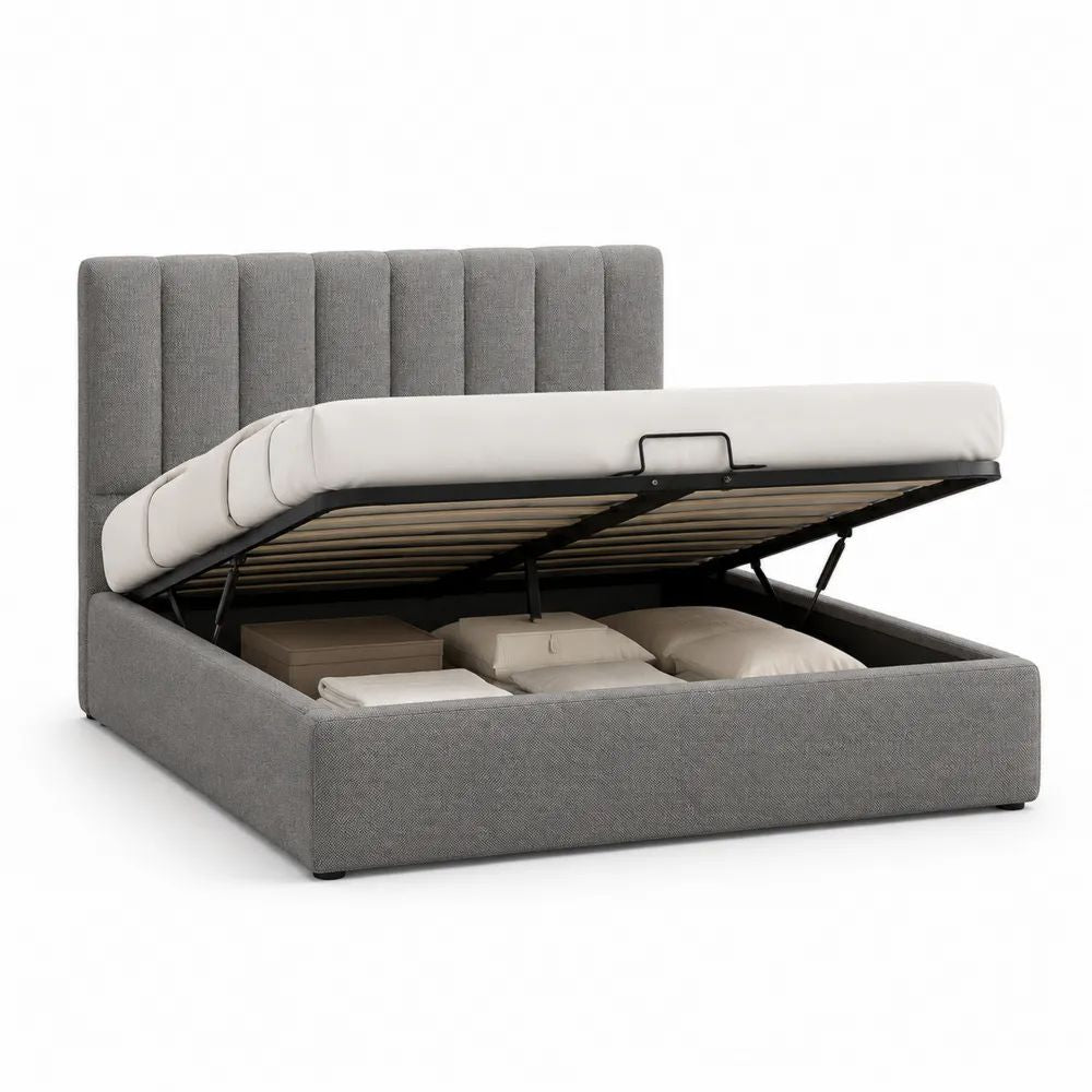 Lit coffre double gris et noir 160 × 200 cm en polyester avec sommier à lattes et tête de lit rembourrée
