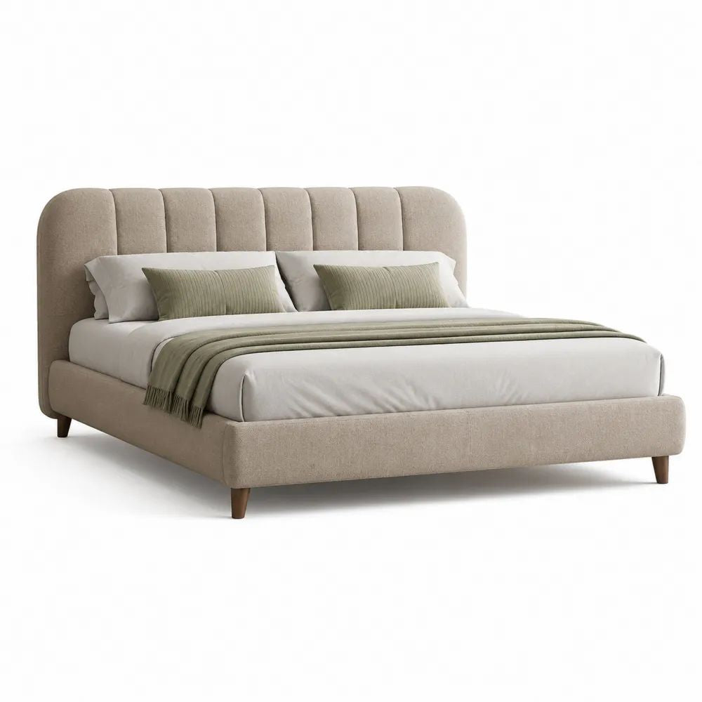Lit double rembourré beige en polyester avec sommier à lattes et tête de lit arrondie, couchage 160 × 200 cm, dimensions 184 × 220 × 112 cm