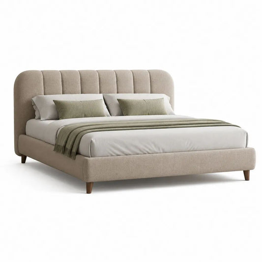 Lit double rembourré beige en polyester avec sommier à lattes et tête de lit arrondie, couchage 160 × 200 cm, dimensions 184 × 220 × 112 cm