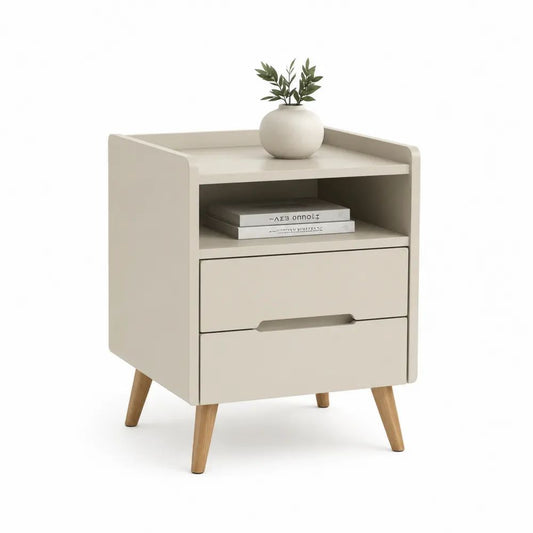 Table de chevet rectangulaire à 2 tiroirs en MDF et bois massif, beige et marron clair, 40 x 35 x 60 cm