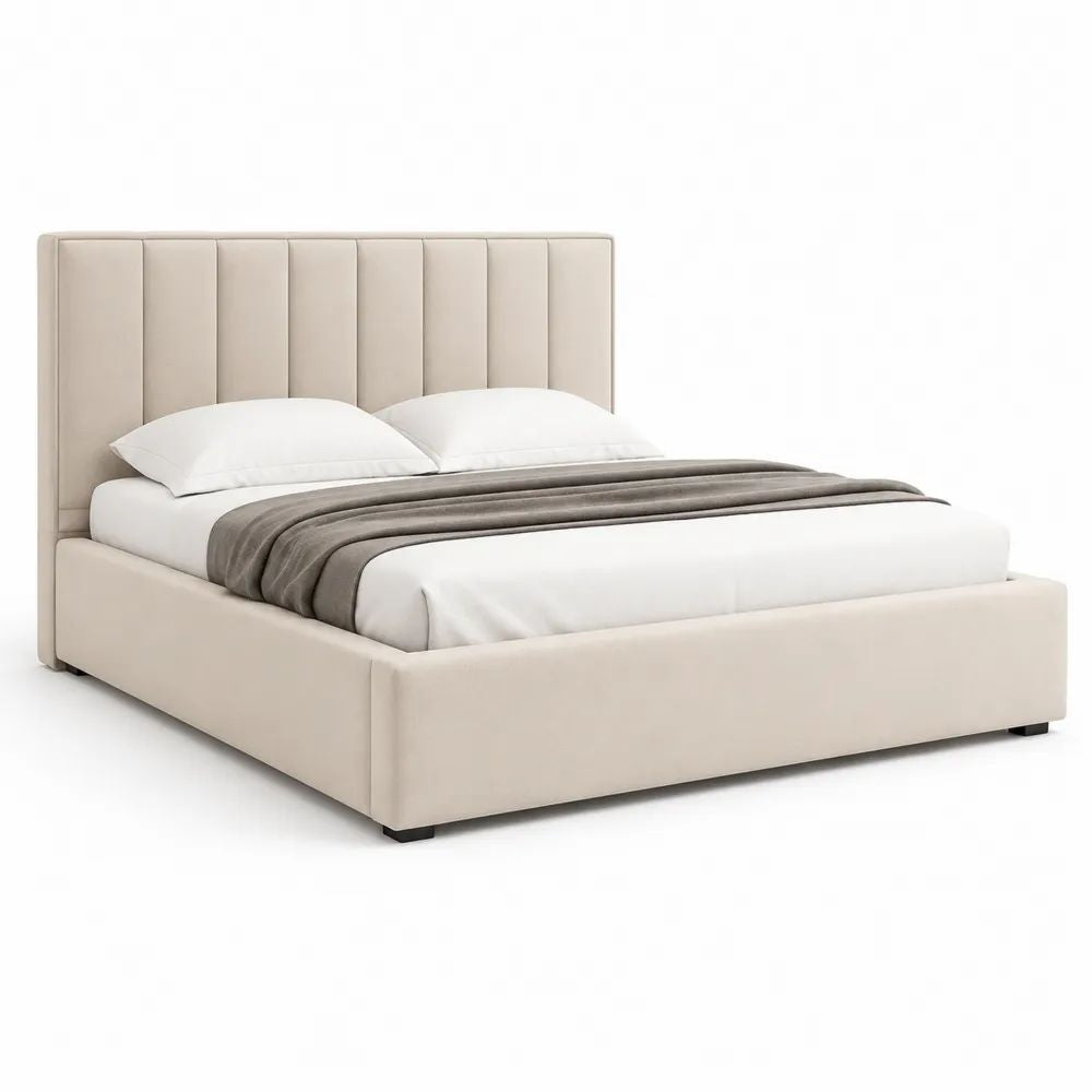 Lit double rembourré en polyester beige/noir pour matelas 160 × 200 cm, 215 × 171 × 118 cm, tête de lit à panneaux verticaux