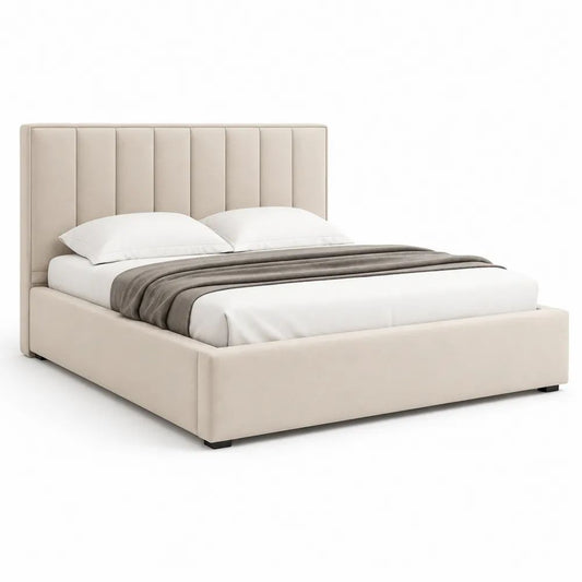 Lit double rembourré en polyester beige/noir pour matelas 160 × 200 cm, 215 × 171 × 118 cm, tête de lit à panneaux verticaux