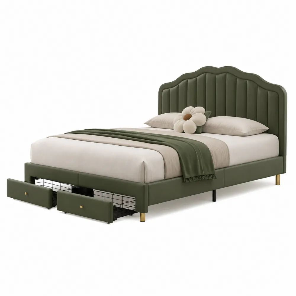 Lit double 160 x 200 cm en velours vert olive avec tête de lit rembourrée festonnée et 2 tiroirs