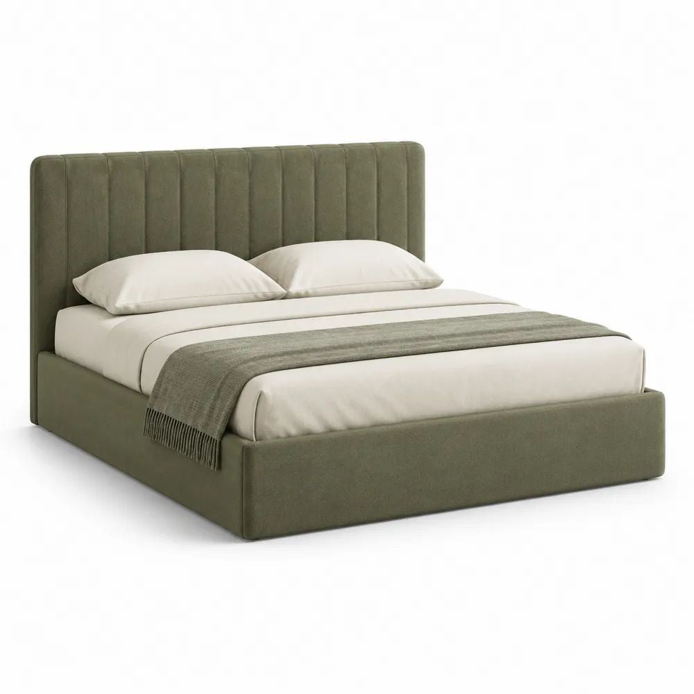 Lit double rembourré en tissu avec tête de lit à canaux, vert olive, couchage 160 × 200 cm, dimensions 170 × 215 × 110 cm