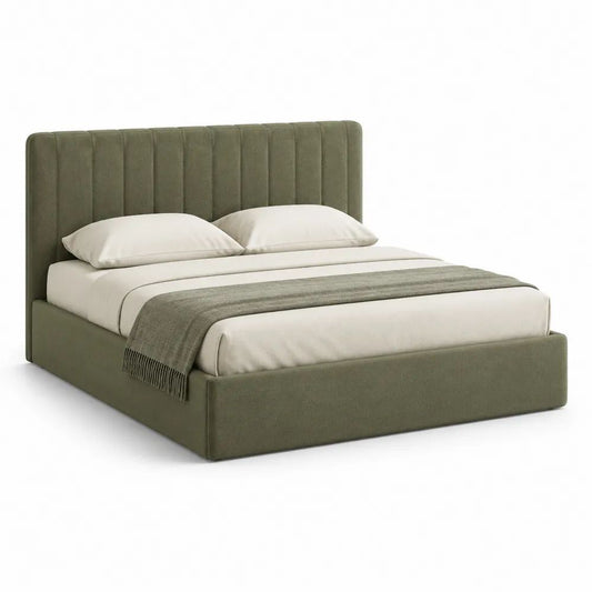Lit double rembourré en tissu avec tête de lit à canaux, vert olive, couchage 160 × 200 cm, dimensions 170 × 215 × 110 cm