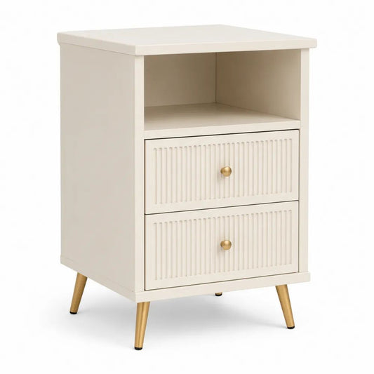 Table de chevet rectangulaire en MDF ivoire avec 2 tiroirs, niche ouverte et pieds en acier doré, 40 × 35 × 60 cm